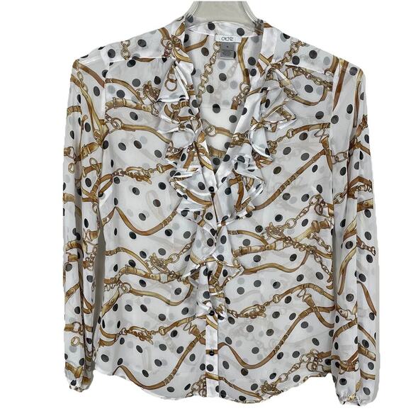 Vtg Cache Ruffle Blouse Top Size M White Equestrian Polkadot Print Career Office - Picture 1 of 8